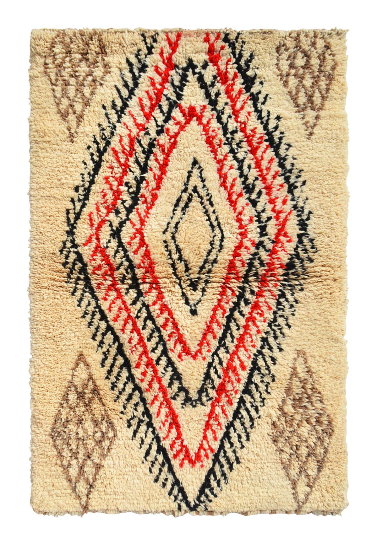 Overhead view of a deeply plush, room-commanding handmade vintage Beni Ourain Moroccan wool area rug named Purposeful (3'10" x 6') featuring a thick cream base dominated by a massive, concentric geometric diamond medallion woven with jagged black and red lines, anchored by muted brown corner motifs, with a 1-inch pile.