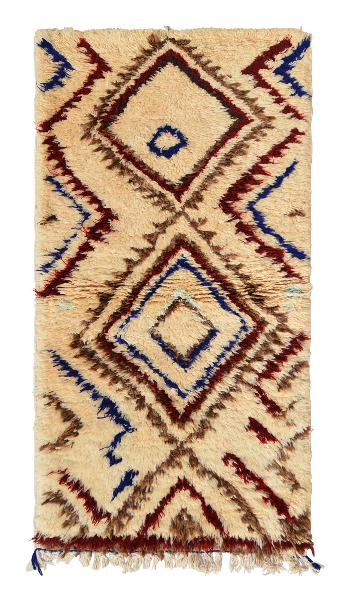 Overhead view of a deeply plush, highly textured handmade 1970s vintage Azilal Moroccan wool and cotton accent rug named Stronger (2'8" x 5'2") featuring a cream base covered in large, bold, nested geometric diamonds woven with jagged lines of navy blue, burgundy red, and earthy brown, with a 1-inch pile.