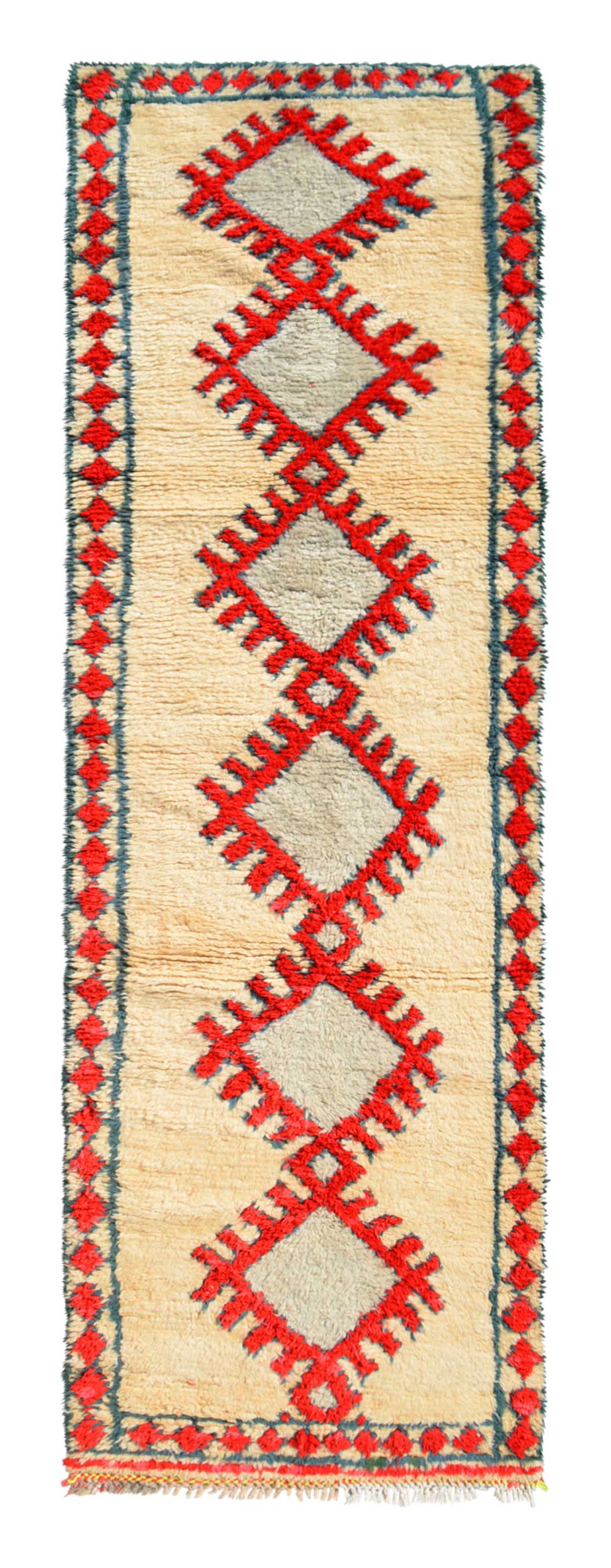 Overhead view of a beautiful, plush handmade 1960s vintage Azilal Moroccan wool and cotton runner rug named Press On (3'1" x 10'2") featuring a cream base with a vertical chain of large, serrated red geometric diamonds and a subtle teal blue border, with a 3/4-inch pile.