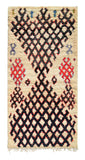 Overhead view of a deeply plush, commanding handmade 1970s vintage Azilal Moroccan wool and cotton runner rug named Front Lines (3'3" x 6'11") featuring a thick cream base dominated by a heavy, hourglass-shaped black geometric diamond lattice with striking red accents and small floating blue and purple motifs, with a 3/4-inch pile.