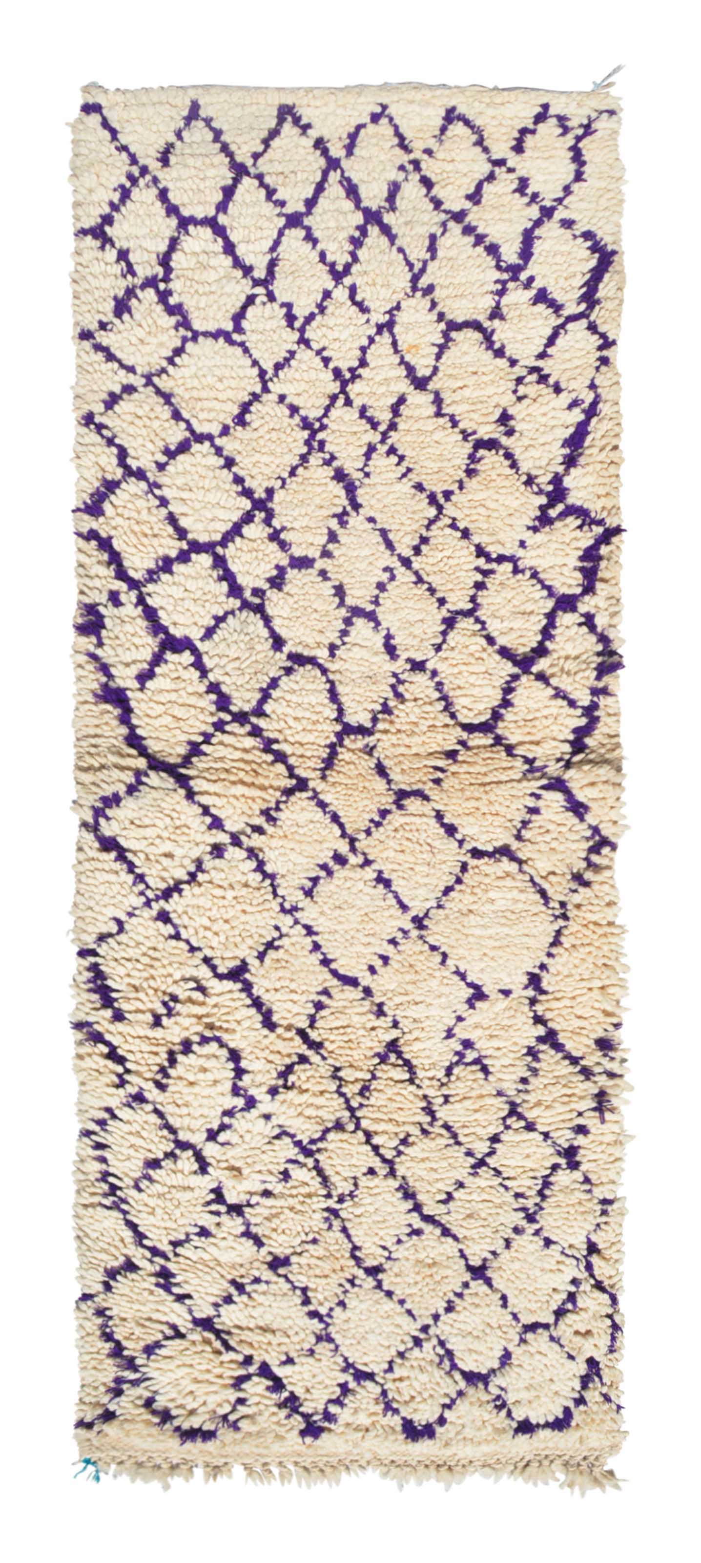 Overhead view of a deeply plush, classic handmade 1960s vintage Beni Ourain Moroccan wool and cotton runner rug named Your Crush (2'7" x 7'4") featuring a thick cream base covered in a structured, repeating geometric diamond lattice woven in vibrant purple yarn, with a 3/4-inch pile.