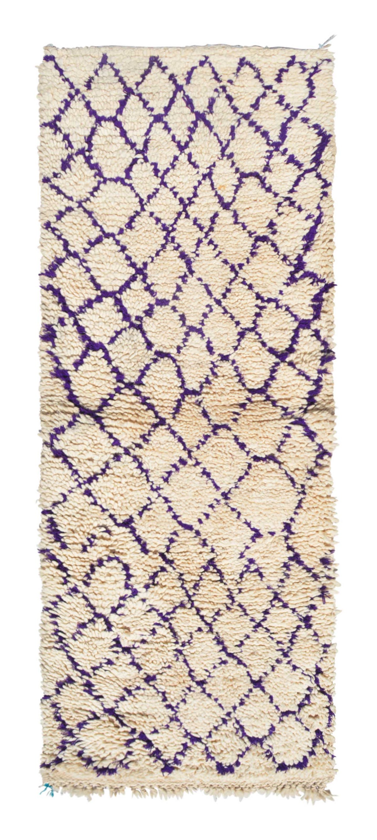 Overhead view of a deeply plush, classic handmade 1960s vintage Beni Ourain Moroccan wool and cotton runner rug named Your Crush (2'7" x 7'4") featuring a thick cream base covered in a structured, repeating geometric diamond lattice woven in vibrant purple yarn, with a 3/4-inch pile.