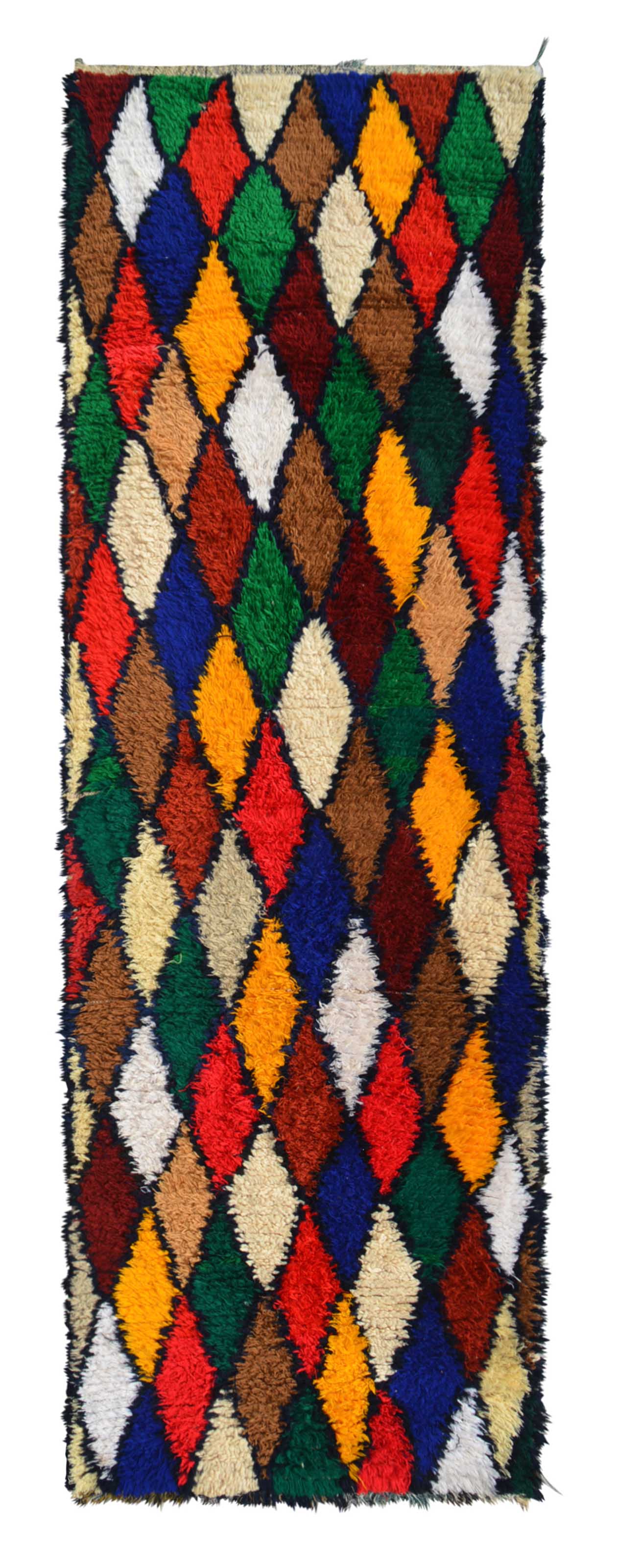 Overhead view of an extra-long, highly vibrant handmade 1980s vintage Boucherouite Moroccan cotton runner rug named All Beautiful Colors (3'2" x 9'6") featuring an edge-to-edge harlequin diamond mosaic woven in solid blocks of red, blue, green, yellow, brown, and white, with a 3/4-inch pile.